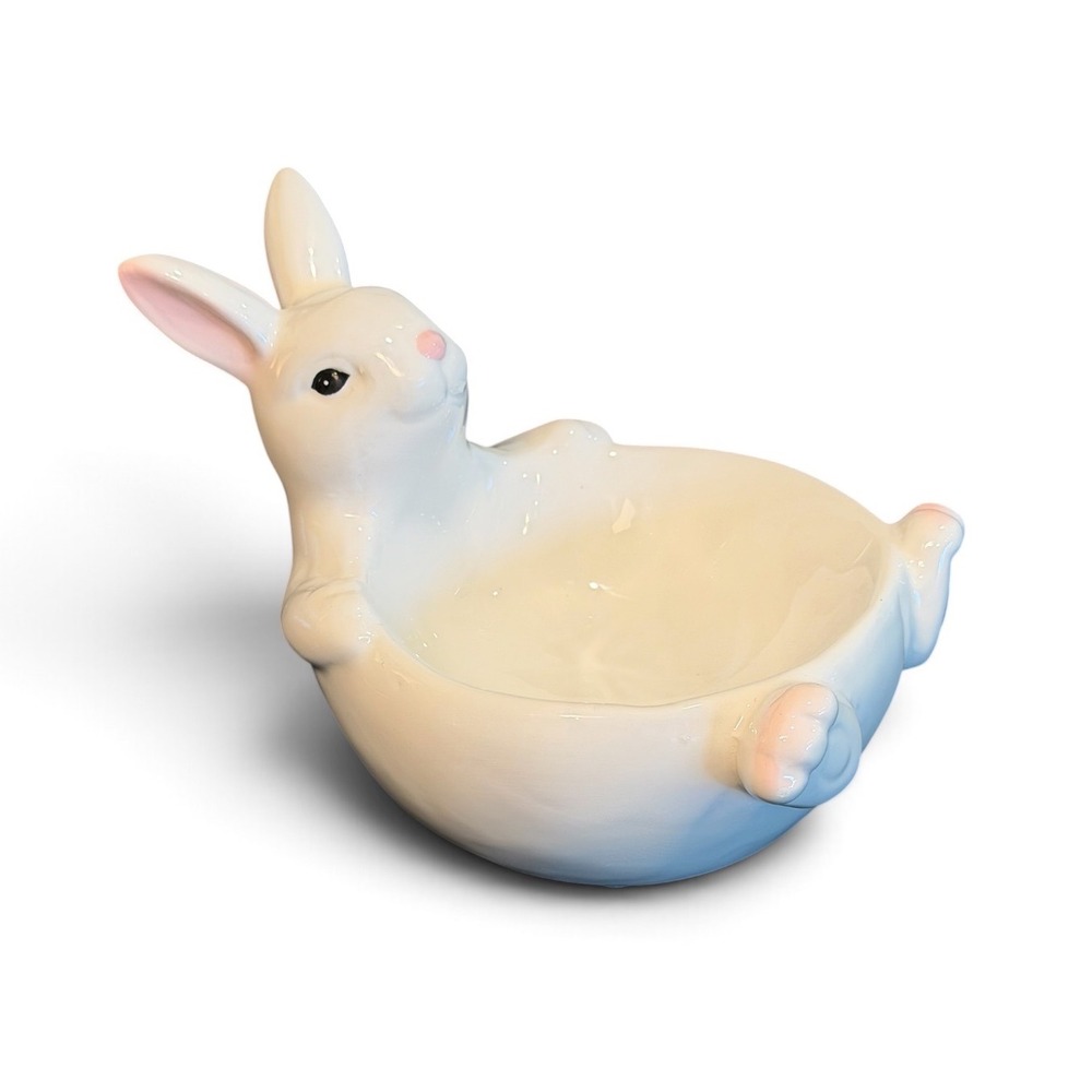 ASC Brands White Ceramic Easter Bunny Candy Trinket Bowl Glossy Rabbit Decor